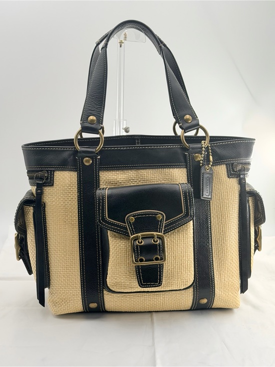 Coach Handbags - Vintage Coach Legacy Straw & Navy Blue Leather Buckle Tote
